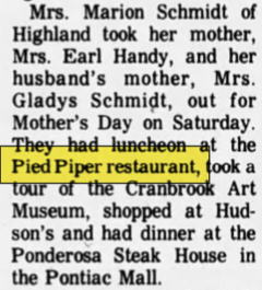 Pied Piper Restaurant - 1974 Society Column